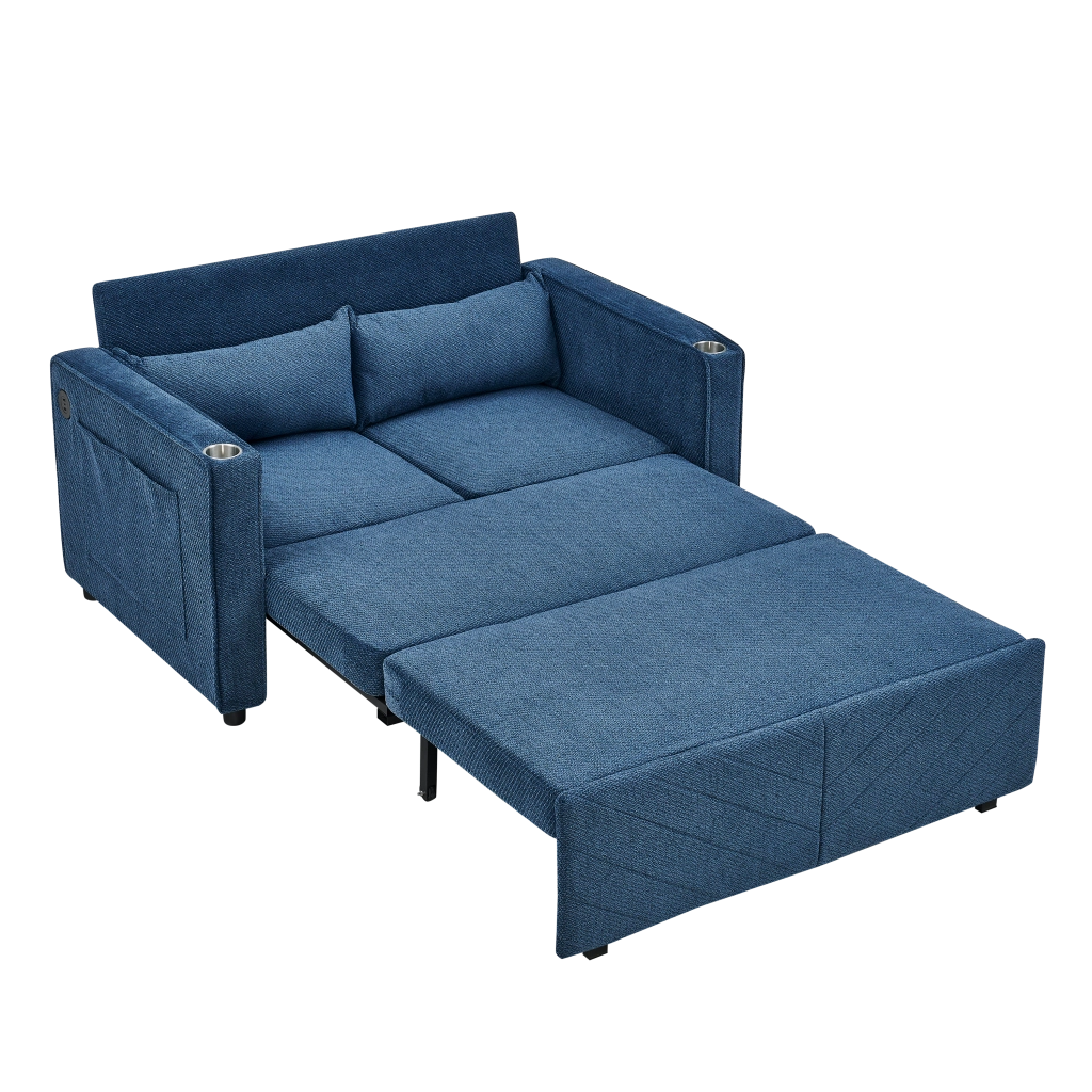 Divano letto 2 posti convertibile con funzione relax e porte USB; in tessuto; blu navy