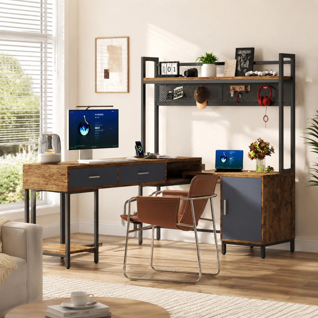 Scrivania ad angolo con 1 anta; 2 cassetti e ripiani - per studio - in MDF e metallo - 140×140×135 cm - nero
