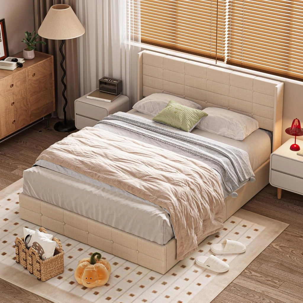 Letto contenitore idraulico 160X200CM, letto matrimoniale imbottito con testiera e contenitore, giroletto con rete a doghe, letto per ragazzi, senza materasso,Beige