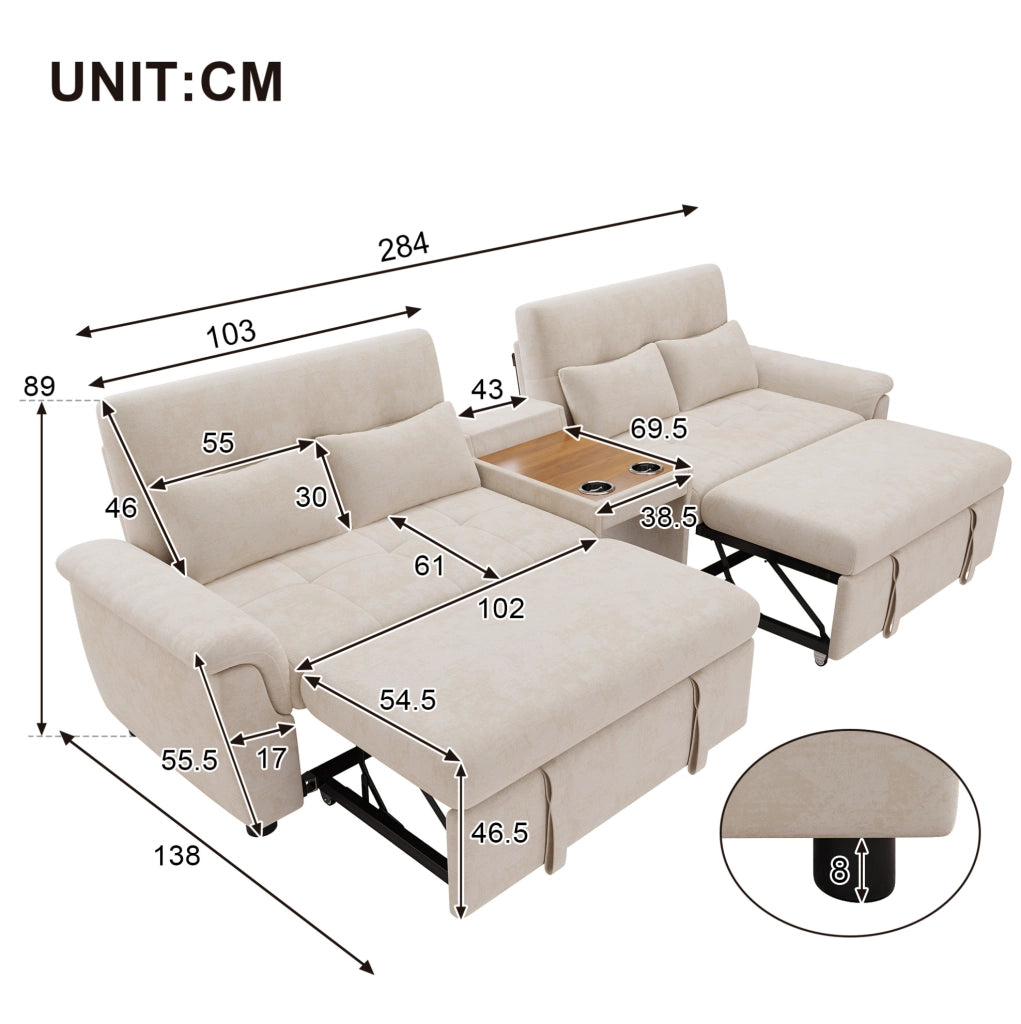 Divano letto multifunzionale beige con modulo centrale e schienale regolabile