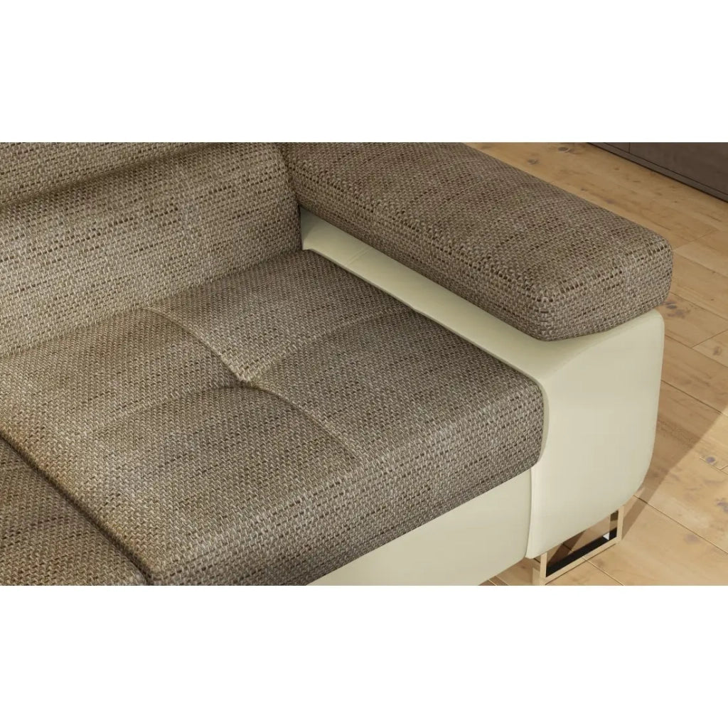 Divano angolare trasformabile MENTON beige e marrone bouclé - Angolo sinistro con vano contenitore