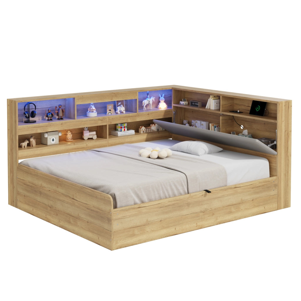 Letto Contenitore con LED e USB ¨C MINIMAL ¨C 140x200, Legno Naturale