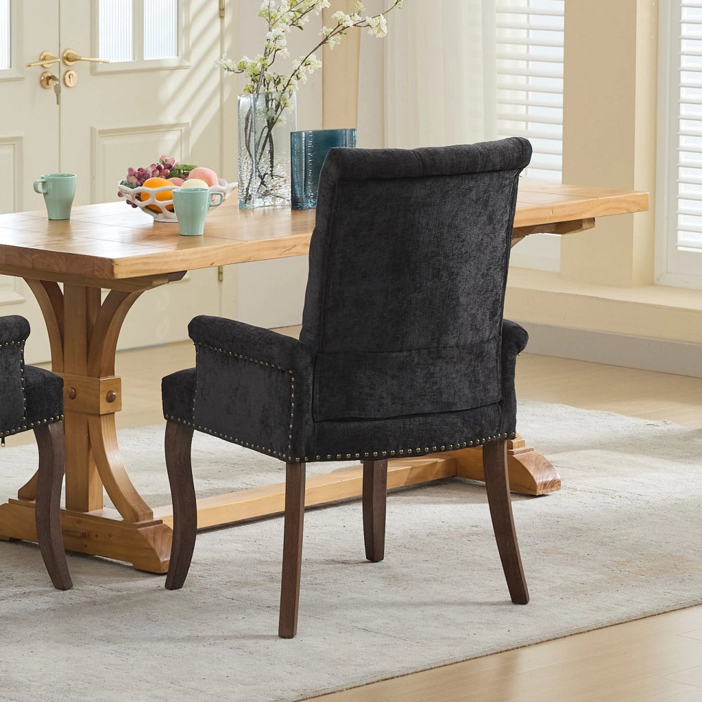 Sedia da pranzo, venduta singolarmente, tessuto chenille, gambe in legno massello, con braccioli, nero
