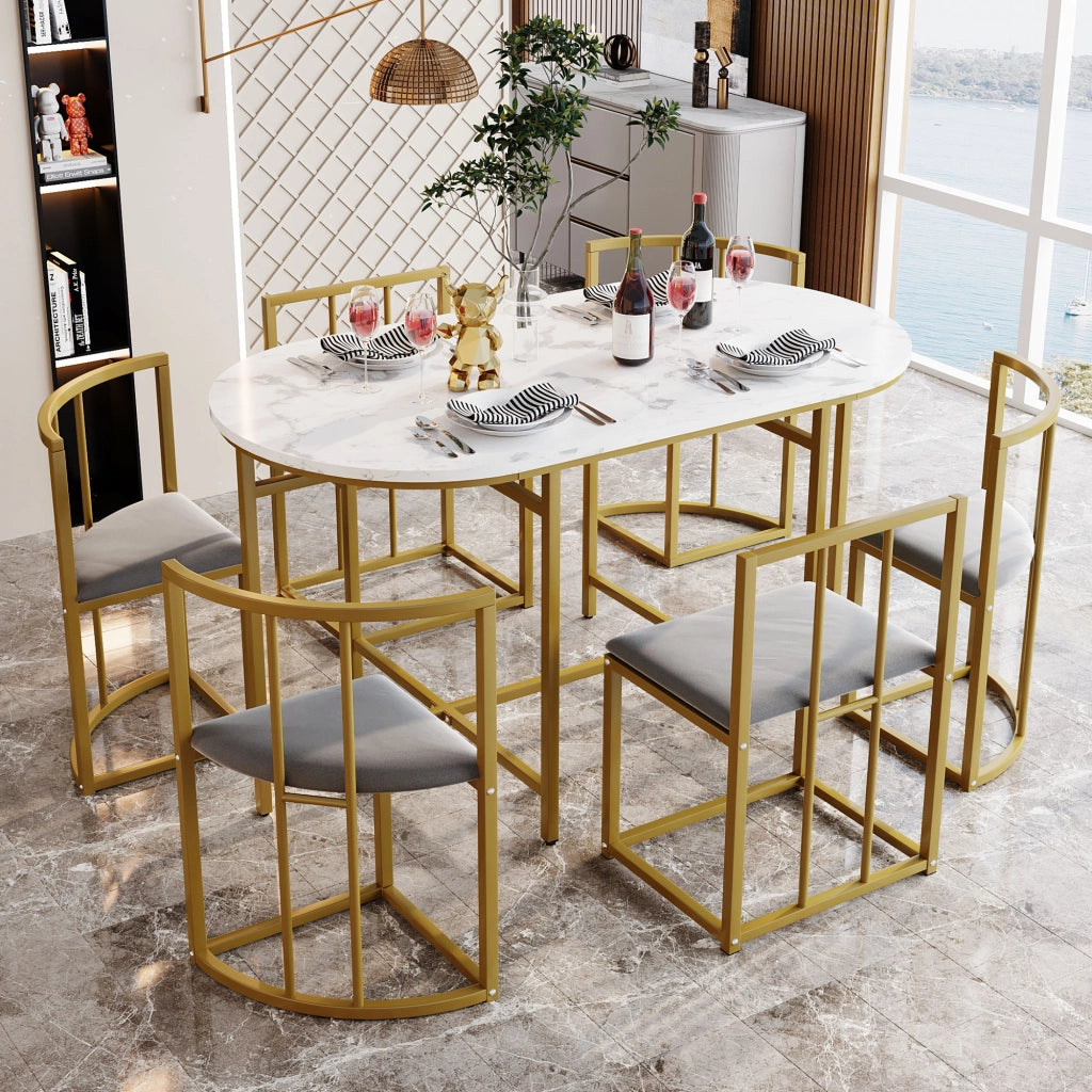 Tavolo da pranzo per 6 persone con sedie e schienale, cuscini grigi, struttura in ferro oro, in MDF, bianco