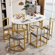 Tavolo da pranzo per 6 persone con sedie e schienale, cuscini grigi, struttura in ferro oro, in MDF, bianco