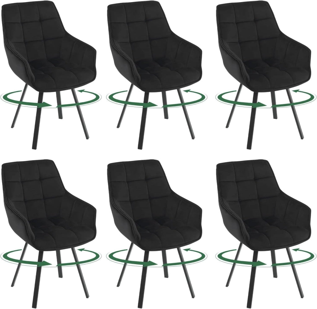 Set di 6 Sedie Sala da Pranzo, Sedie Cucina con Braccioli e Schienale, Poltroncine Girevoli con Gambe in Metallo, in Velluto, per Camera da Letto, Soggiorno, Nero
