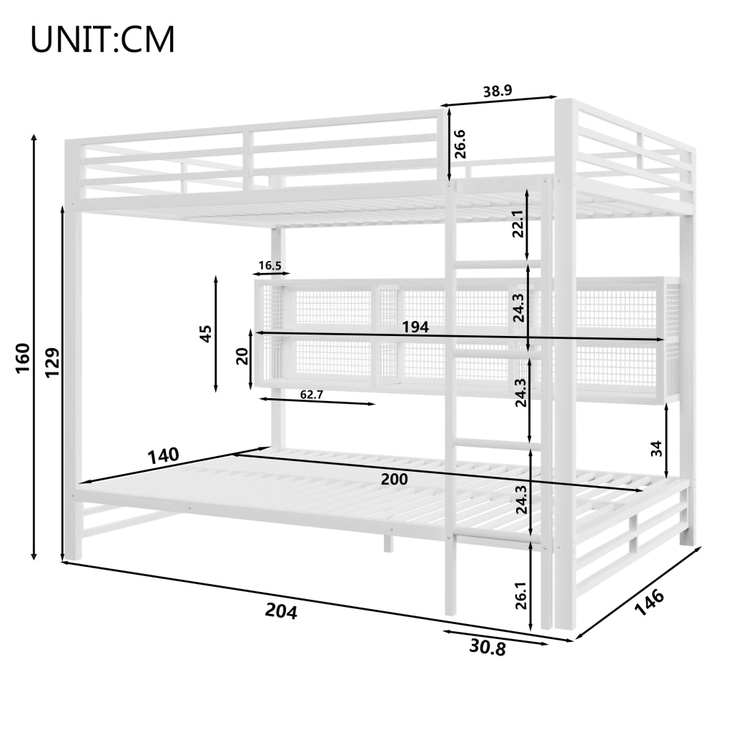 Letto a castello 140 × 200 cm con 6 armadietti, LED regolabile e ripiano, senza materasso, in metallo, bianco