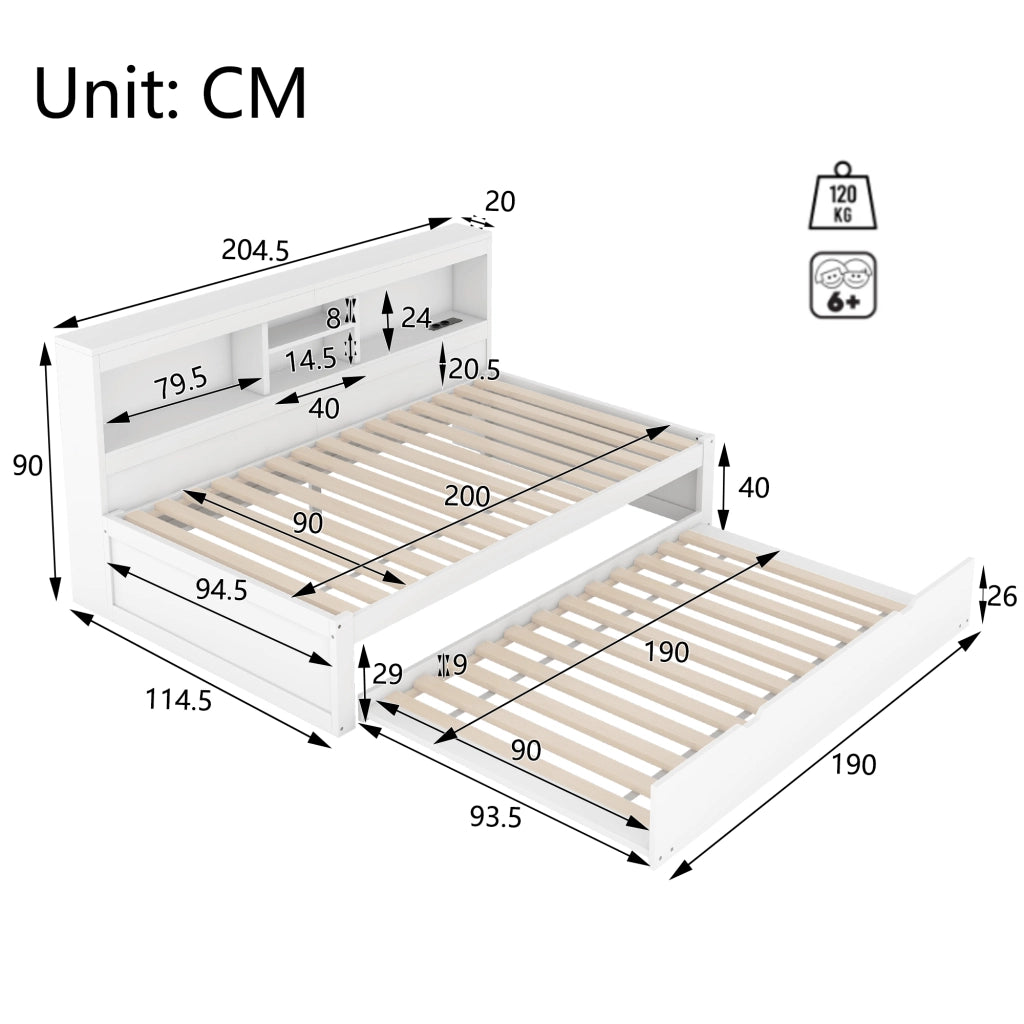 Divano letto daybed 90x200 cm con letto estraibile, LED, USB e presa, vano laterale, bianco