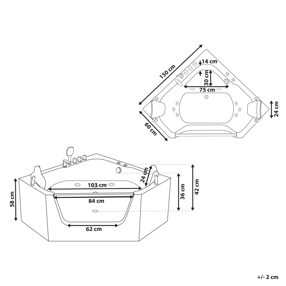 Vasca da bagno angolare in acrilico con funzione idromassaggio 1500 x 1500 mm con poggiatesta Design classico