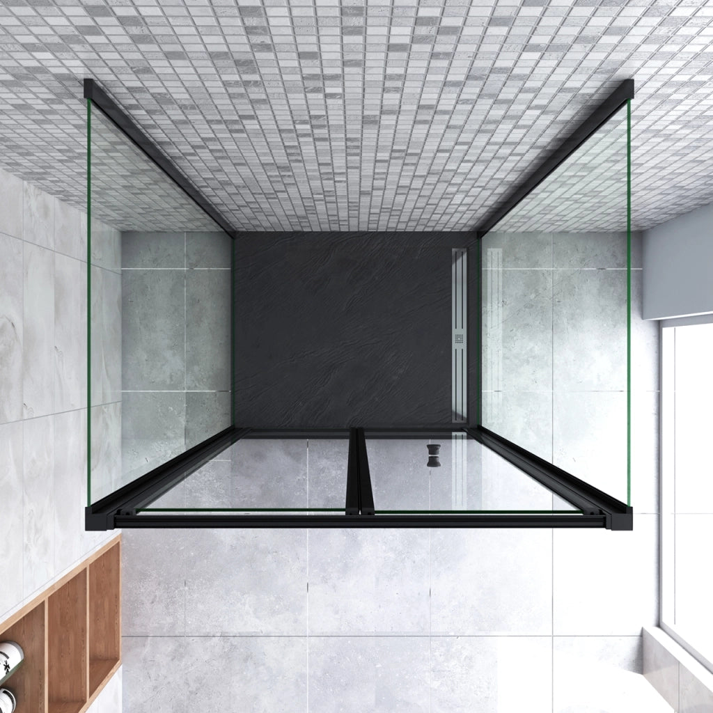 185cm Box Doccia a Tre Lati Porta a Soffietto 70cm con Doppia Parete Fissa 70x70cm in Vetro Temperato Trasparente 5 mm Profilo Nero Opaco