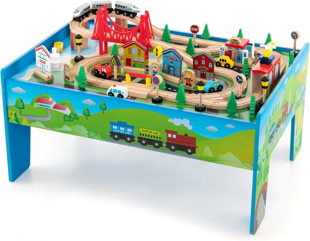 Tavolo e Set di Trenini in Legno, Tavolo Reversibile e Staccabile e Binari in Legno Massiccio, Set da Gioco Creativo 84/80 Pezzi, per Bambini 3 Anni+ (Stile 2)