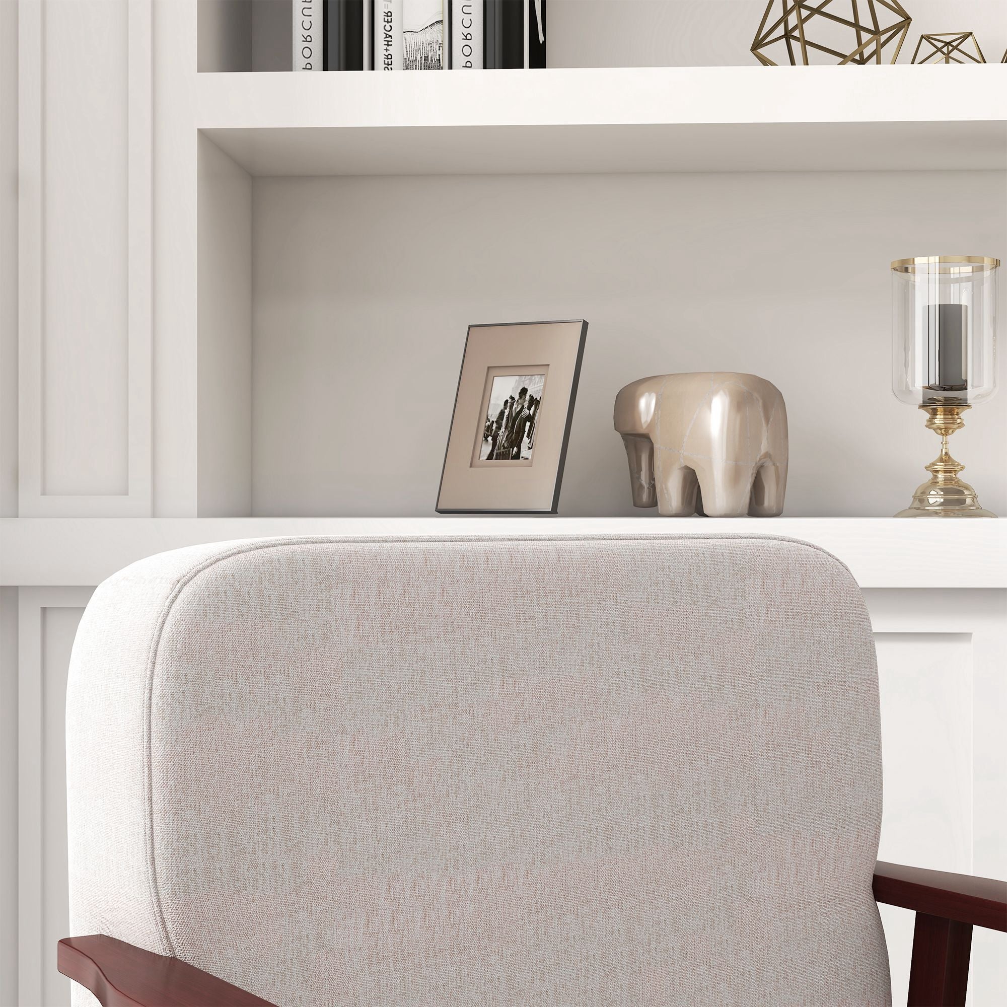 Poltrona a Dondolo 66x78x76 cm in Tessuto Effetto Lino e Legno Beige e Marrone