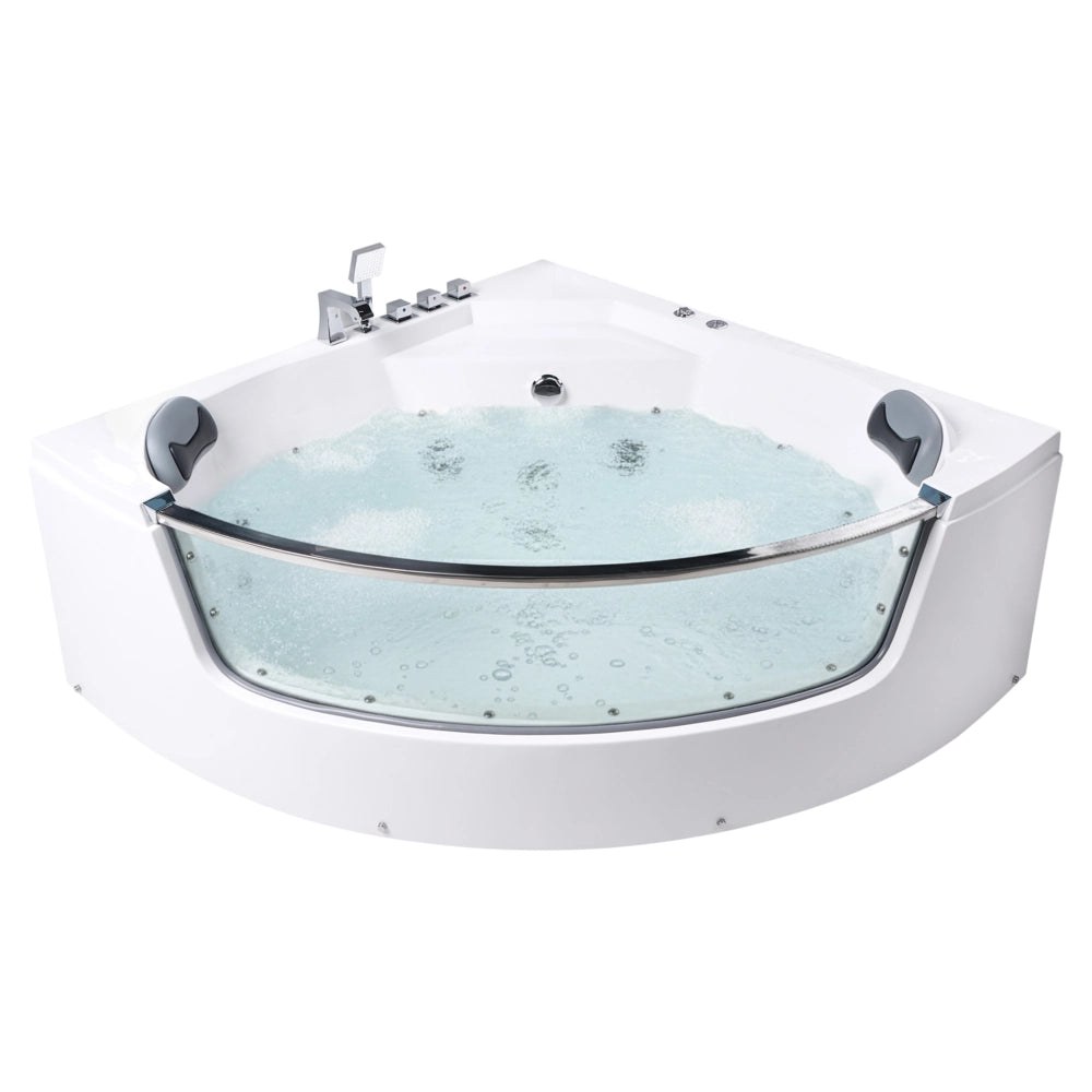 Vasca idromassaggio angolare in acrilico bianco con accessori in acciaio inox 2100 x 1480 mm SPA con getti idromassaggio LED e poggiatesta