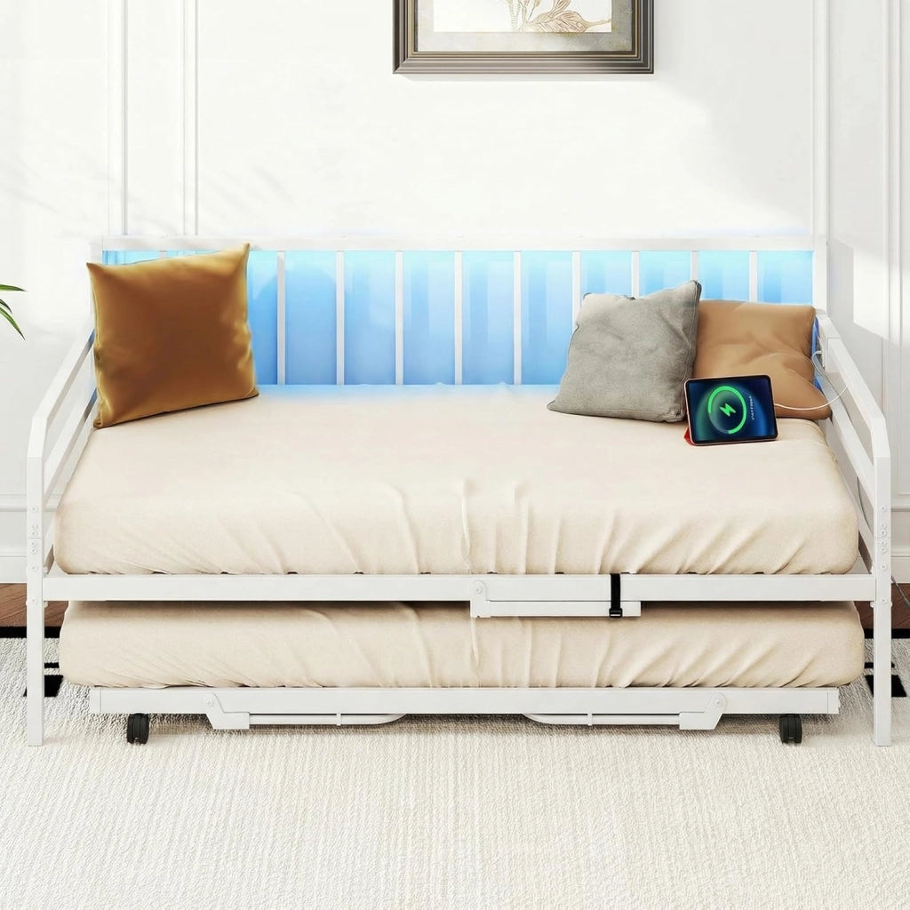 Letto Estraibile, Divano Letto Singolo con Luci LED e Stazione di Ricarica, Lettino Matrimoniale con Struttura in Metallo, 2 Pz 90x200 cm, per Soggiorno e Camera da Letto (Bianco)