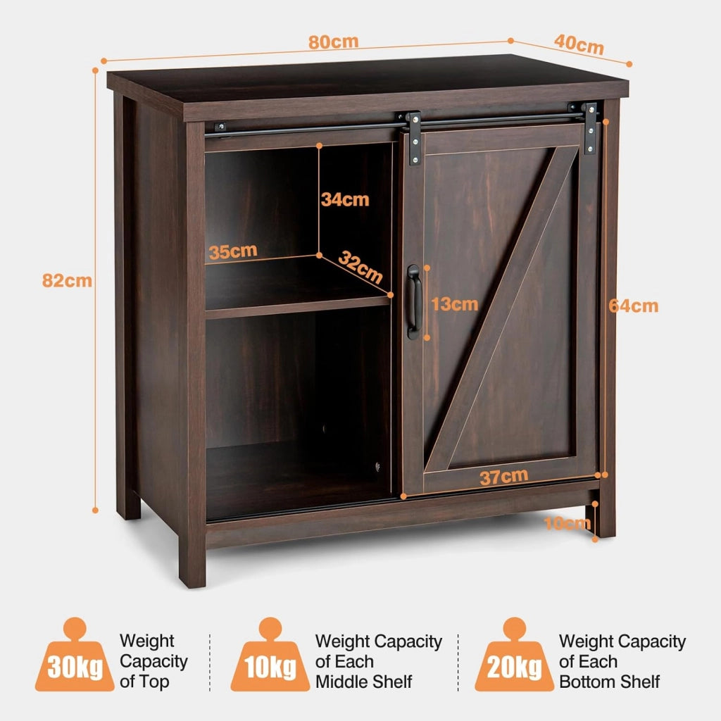 Mobile Laterale Divano con Piano Superiore Ampio e 4 Scomparti, Porta Scorrevole, 4 Piedini Antiscivolo, Credenza Elegante per Cucina, Ingresso, Camera da Letto, Marrone