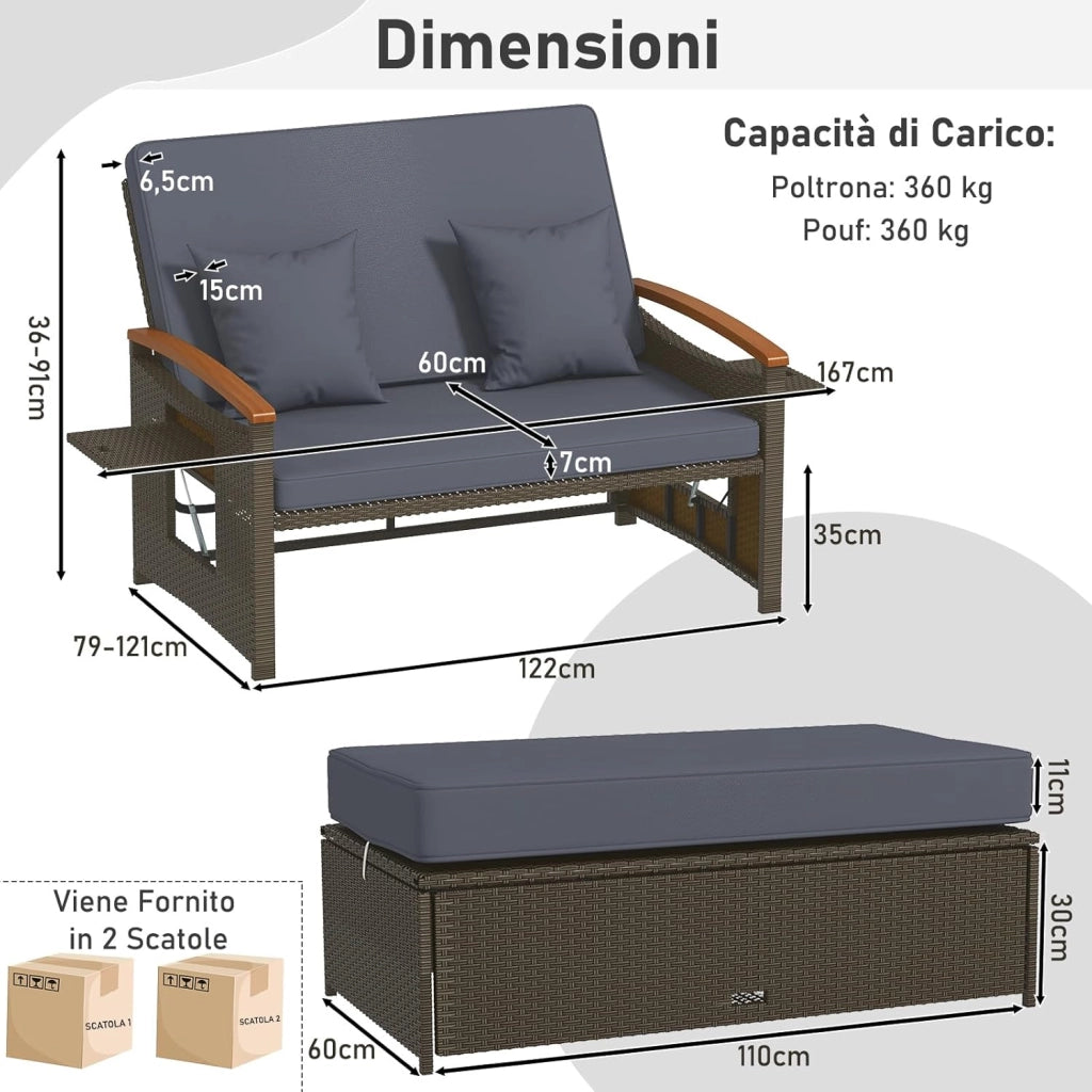 Lettino Regolabile da Giardino con Cuscino e Panca Contenitore, Divano Salvaspazio da Esterno con Schienale Regolabile a 4 Livelli e Vassoi Laterali Estraibili, per Piscina e Cortile (Grigio)