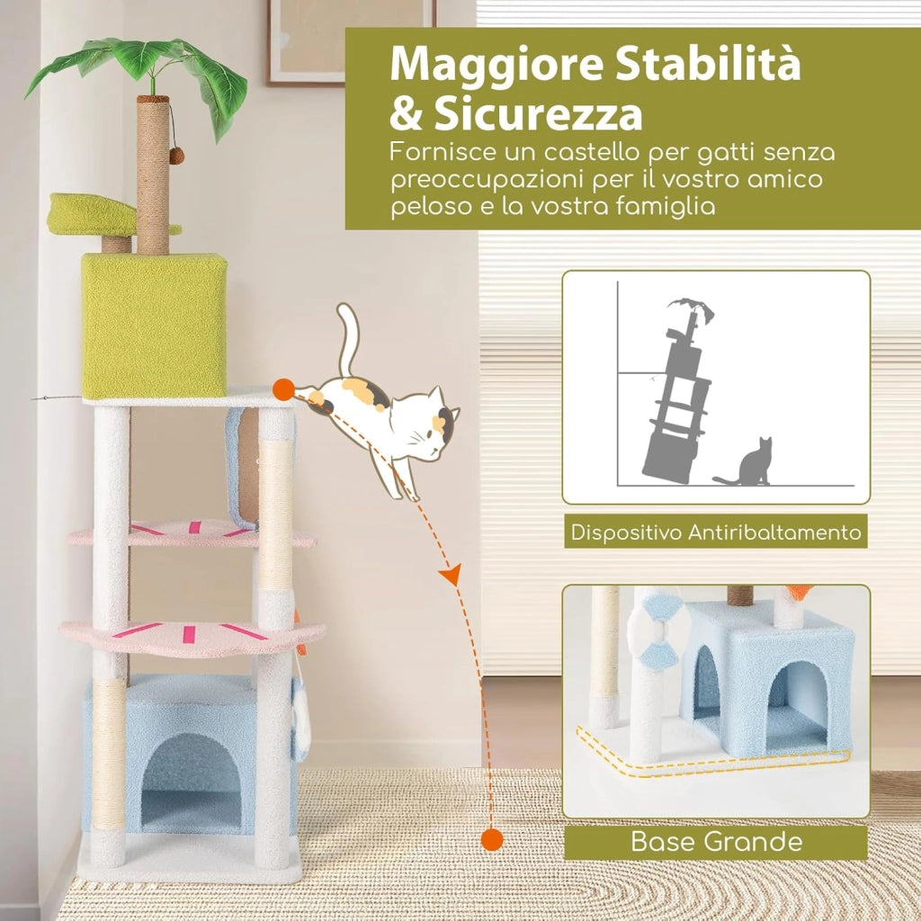 Tiragraffi per Gatto Alto 180 cm Stile Tropicale, Albero Tiragraffi Gatti con Pali con Corda in Juta, Piattaforme, 2 Grotte e Pompon, Torre Gatto Rivestito in Peluche, Blu e Verde