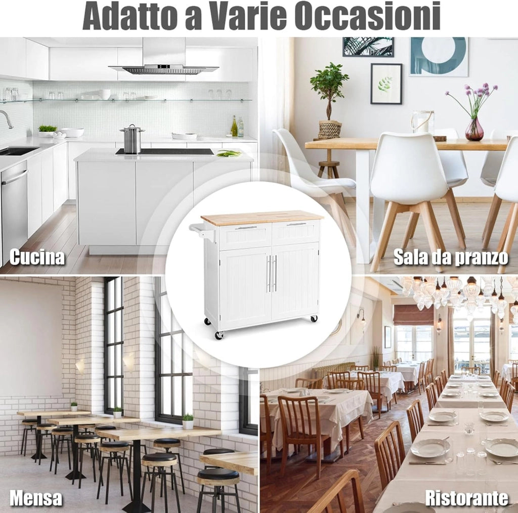 Carrello da Cucina, Isola da Cucina con Cassetti Portaoggetti e Armadietti, Ruote Universali e Portasciugamani, Ideale per Casa Ristorante Bar (Bianco)