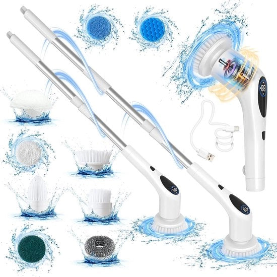 Scrubber elettrico rotante - 9 setole ad ingranaggio - senza fili - display LED - 3 velocità - regolabile e rimovibile