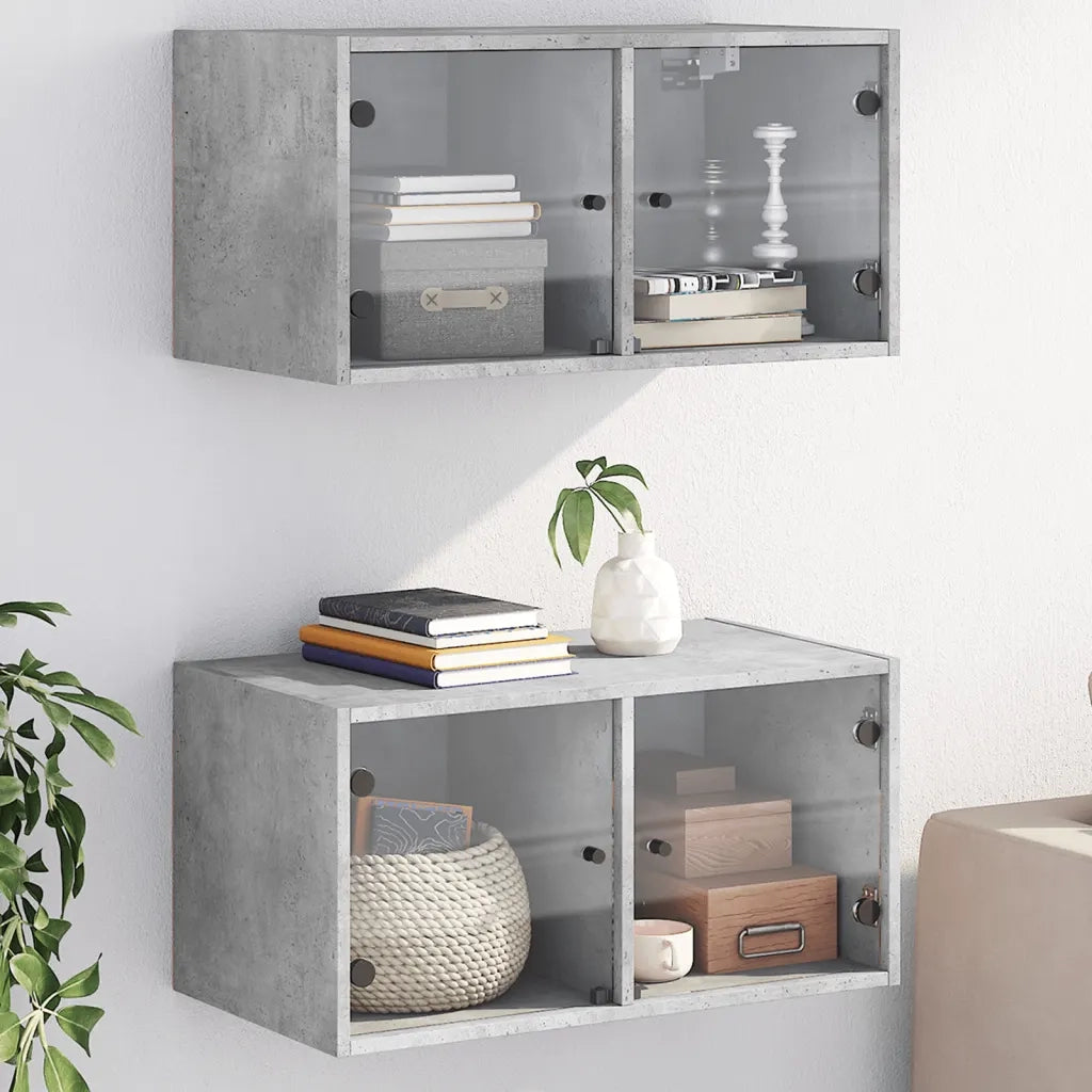 Armadietto a Muro | Mobili a Muro con Ante in Vetro 2 pz Grigio Cemento 68,5x37x35cm