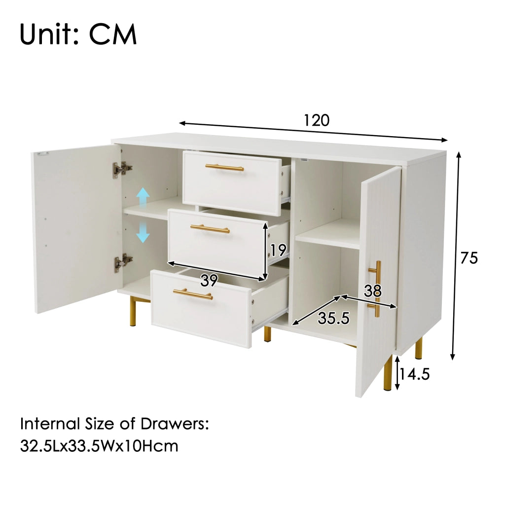 Cassettiera con 2 Ante e 3 Cassetti; Ripiano Regolabile; Stile Moderno; in Pannello Truciolare; Bianco; 120??40??75 cm