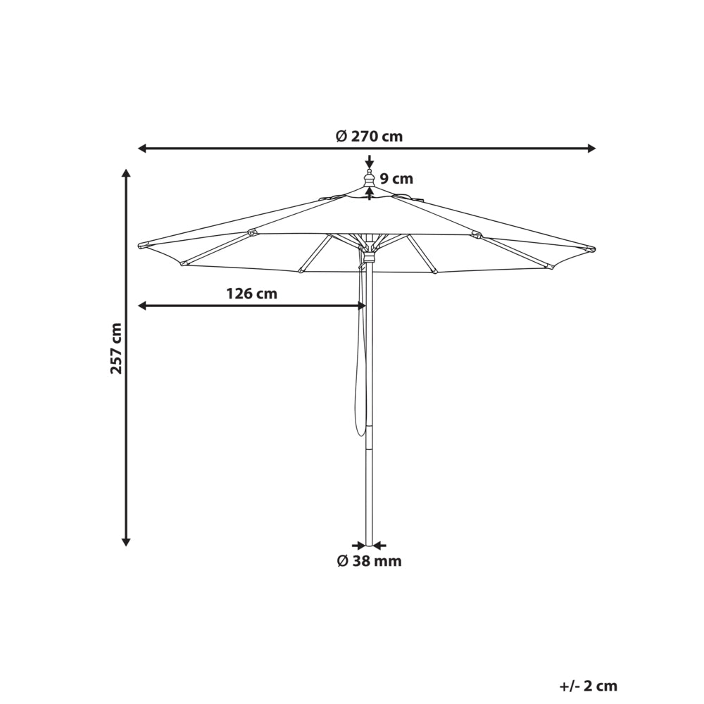 Ombrellone da giardino in tessuto bianco sporco, ø 270 cm, palo in legno, pieghevole, per esterni, con meccanismo a cordicella
