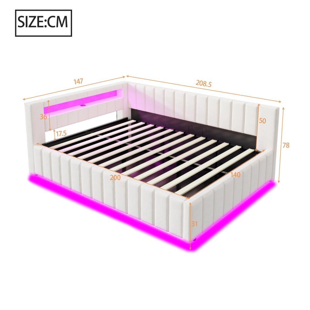 OKWISH Letto Contenitore 140×200 cm, Letto Matrimoniale con LED, USB e Schienale, senza Materasso, in Velluto Imbottito, Beige