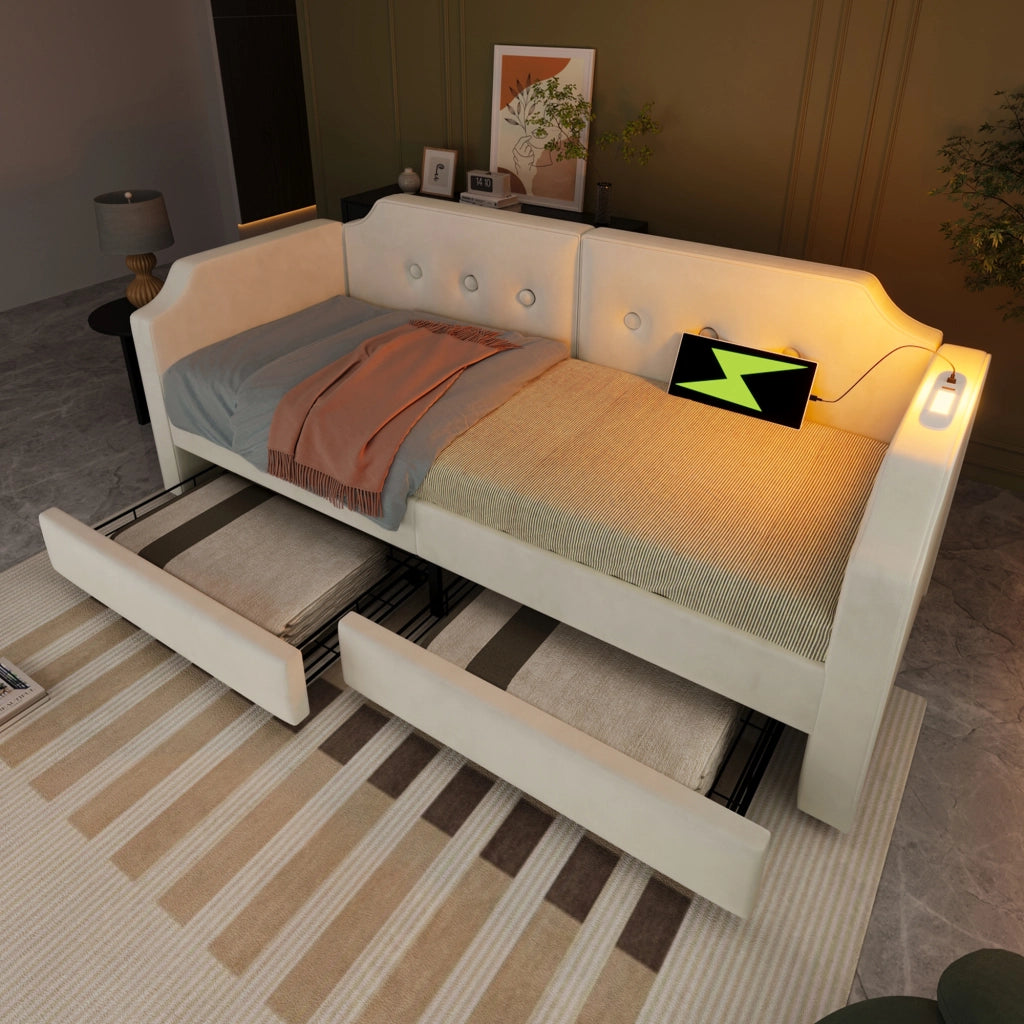 LETTO 90x200 cm in Velluto Beige con USB Type C, Lampada da Lettura e 2 Cassetti