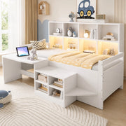 Letto multifunzione 90x200 cm con scrivania; vani portaoggetti; LED e prese USB; bianco
