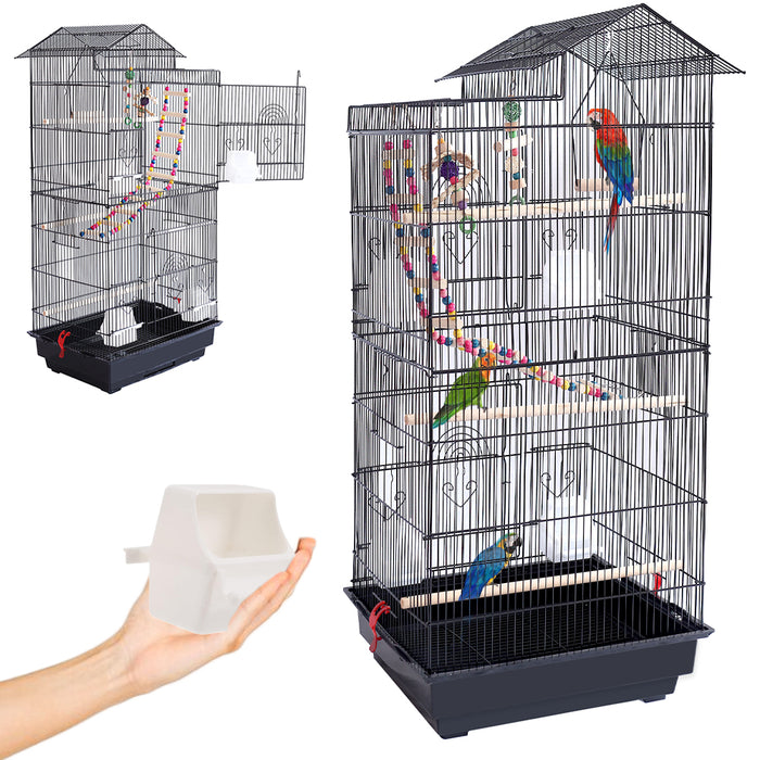 Gabbia Voliera Nera per Uccelli Volatili Pappagalli con 2 Aperture e Giocattoli