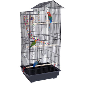 Gabbia Voliera Nera per Uccelli Volatili Pappagalli con 2 Aperture e Giocattoli