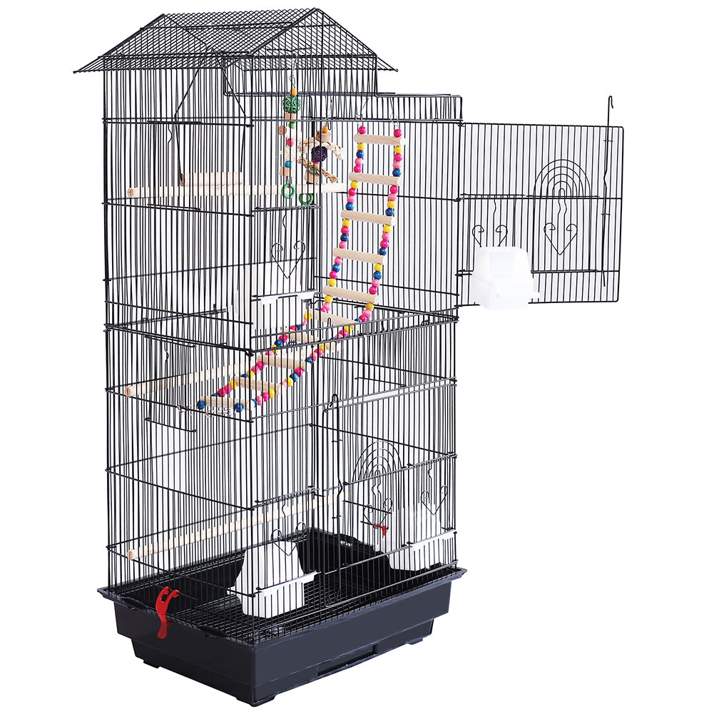 Gabbia Voliera Nera per Uccelli Volatili Pappagalli con 2 Aperture e Giocattoli