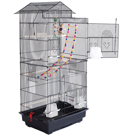 Gabbia Voliera Nera per Uccelli Volatili Pappagalli con 2 Aperture e Giocattoli