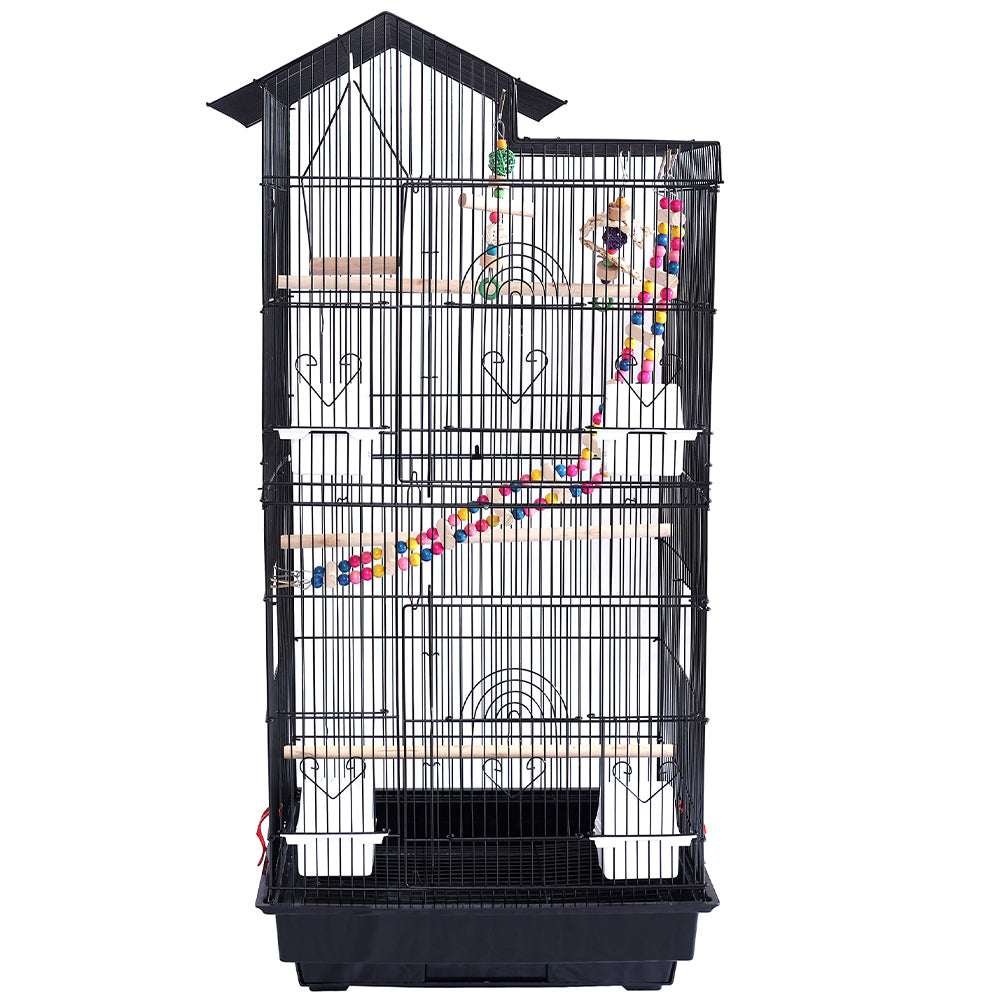 Gabbia Voliera Nera per Uccelli Volatili Pappagalli con 2 Aperture e Giocattoli