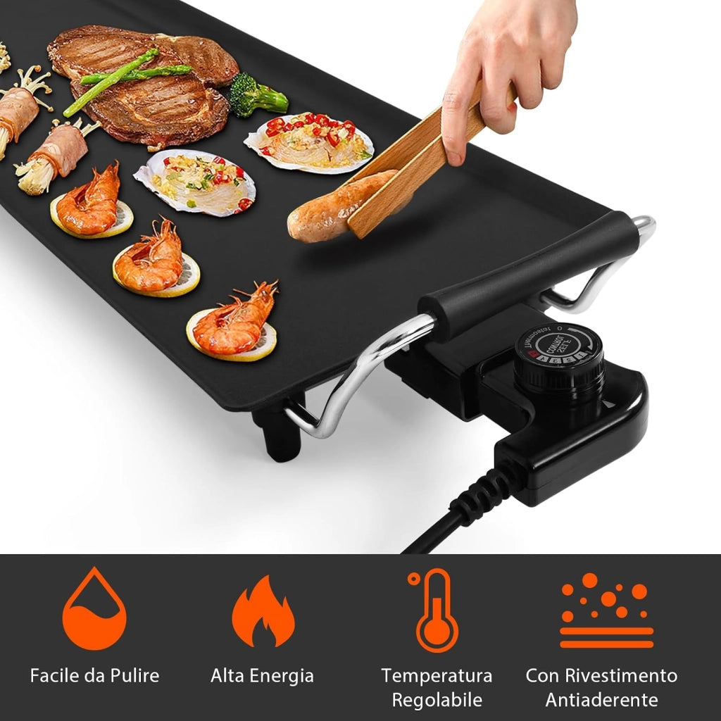 Piastra Elettrica 1800W, Barbecue Elettrico 5 Livelli di Temperatura, con Rivestimento Antiaderente, 6 Piccolo Supporto per Padella, per Cucinare, Grigliare (Piastra Liscia 90 X 23 CM)