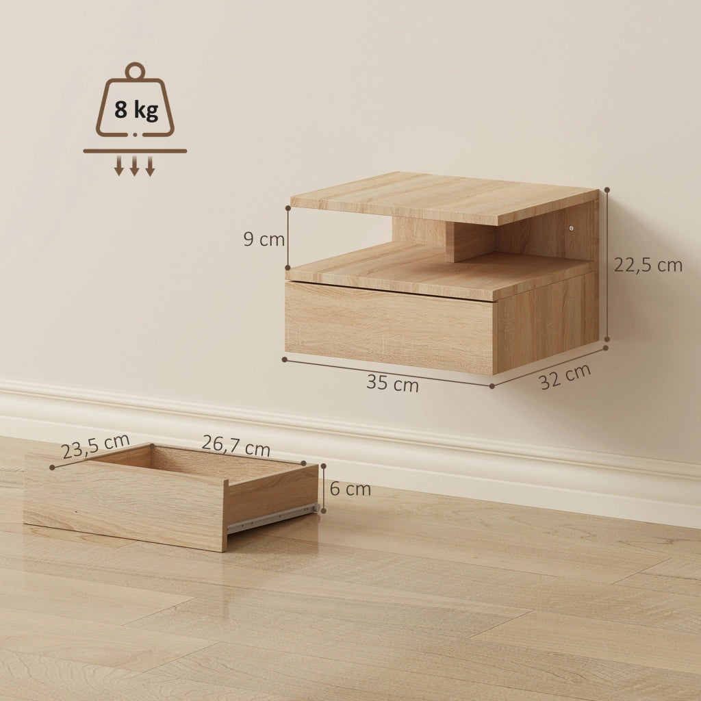 Comodino sospeso con cassetto ¨C Xylo ¨C Set 2 pezzi quercia 35x32x22,5cm