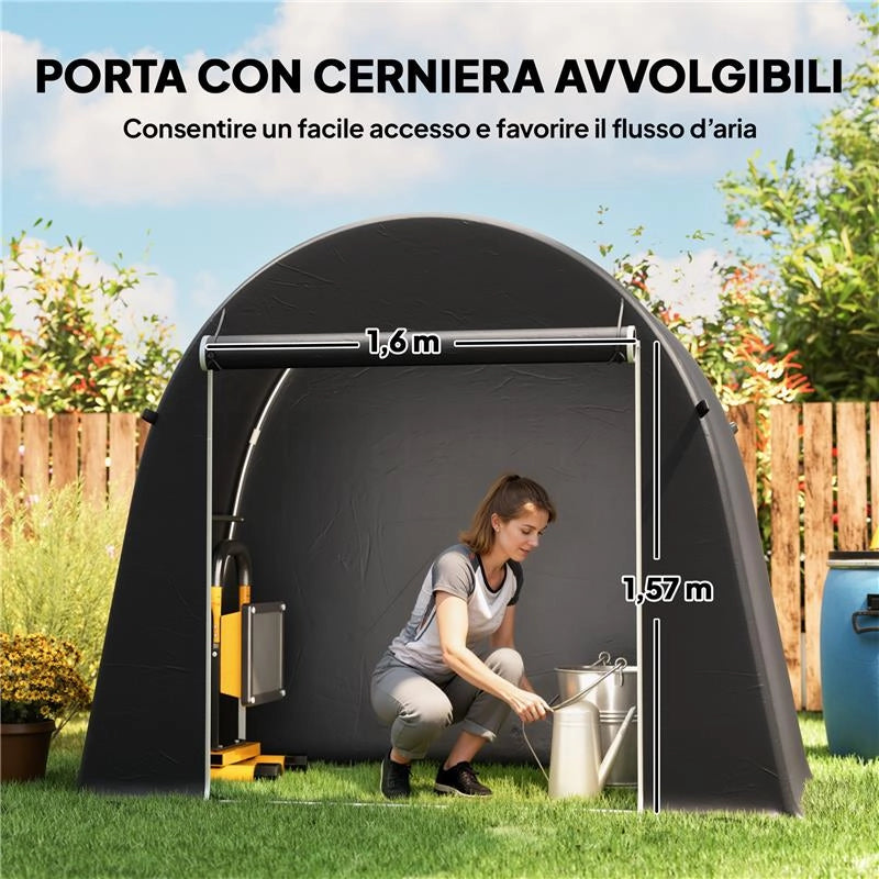 TENDA GARAGE PER BICICLETTE E ATTREZZI CON INGRESSO A CERNIERA, IN PE E METALLO, 245X120X200 CM, GRIGIO SCURO