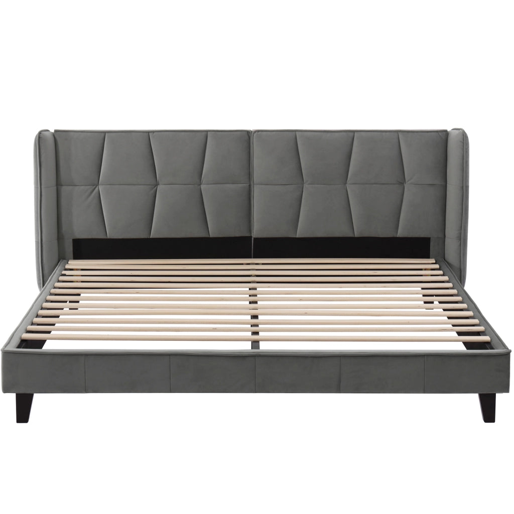 Letto imbottito 180x200 cm; testiera alta e rete in legno; velluto grigio