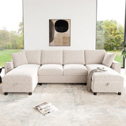 Divano a U, tessuto chenille, chaise longue, con vano portaoggetti, porte USB/Type-C, 284 x 135 x 84 cm, beige