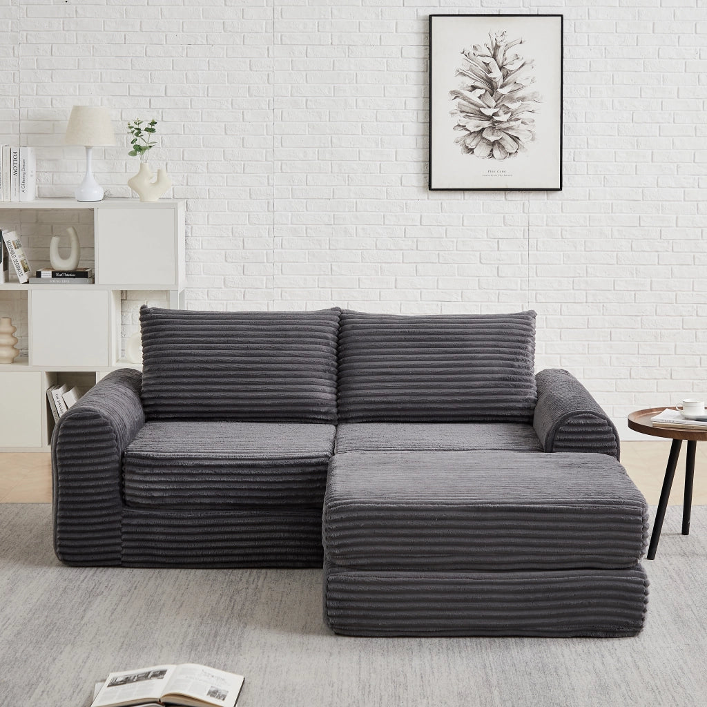 Divano letto modulare in velluto a coste con chaise longue rimovibile e braccioli curvi grigio per soggiorno e relax