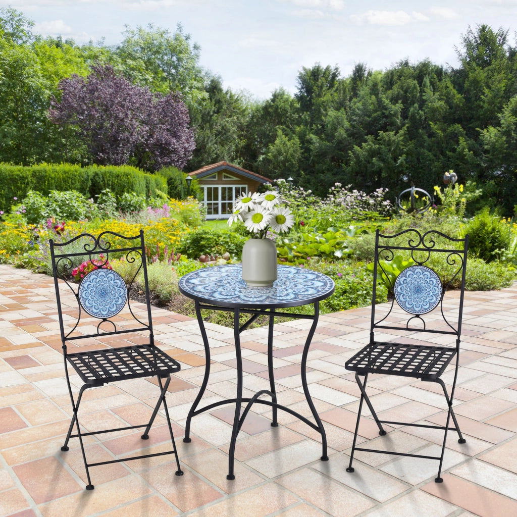 Set da Giardino con Tavolino e 2 Sedie Pieghevoli ¨C zephmum ¨C Blu, Mosaico, 3 Pezzi