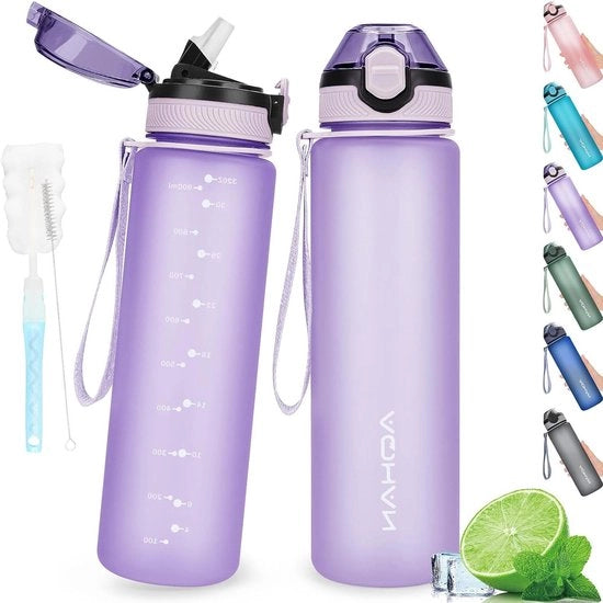 1 Litro di Flacone di Acqua con Coperchio Chiusura con Fusto e Cinturino di Trasporto - Senza BPA, Resistenente alla Lavastoviglie