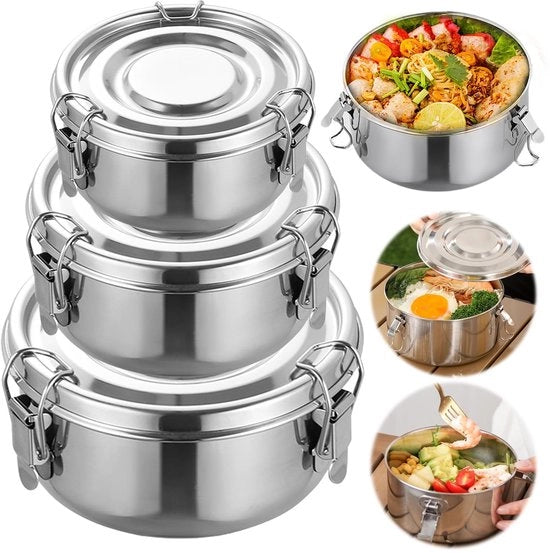 Contenitore per pane 3 pezzi - Acciaio inossidabile - Imprermeabile - Scatola alimentare riciclabile - Scatole per conservazione con coperchio - 500/1000/1500 ml - Conservazione alimenti
