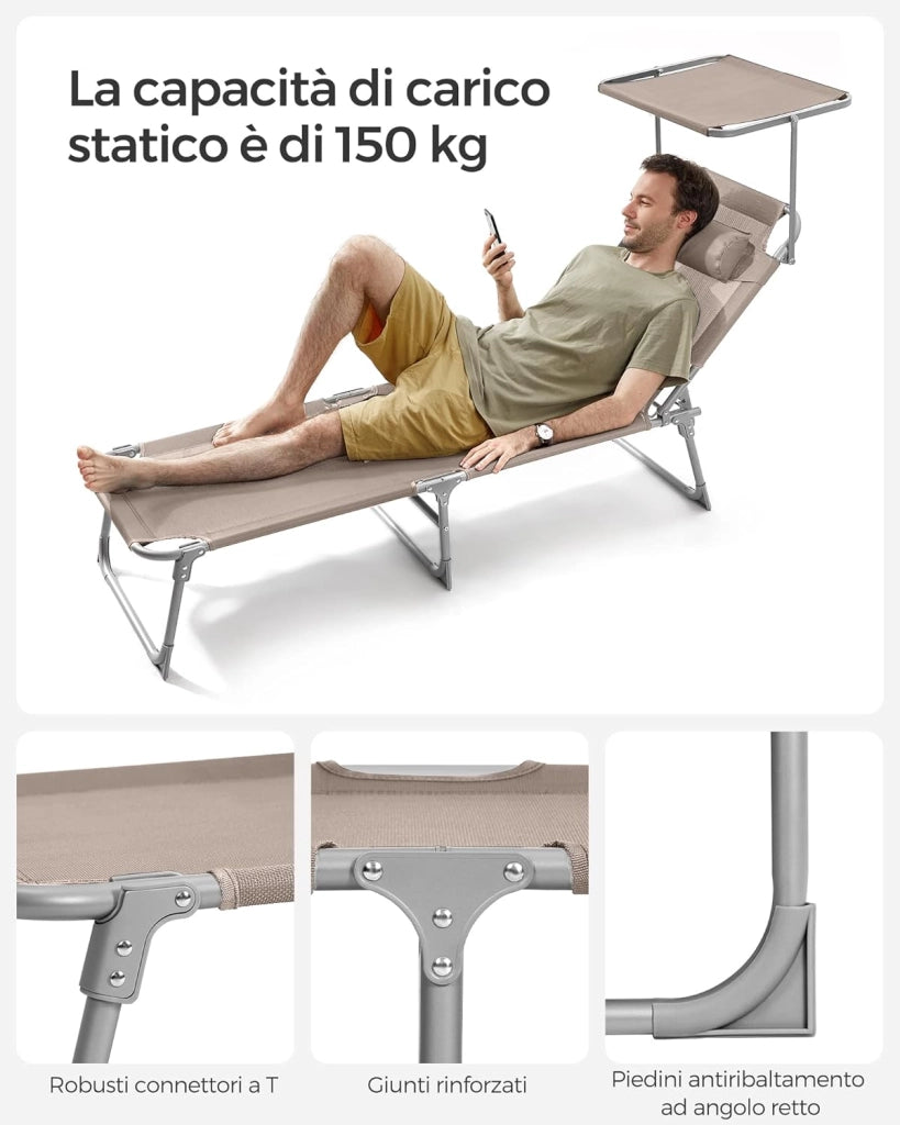 SONGMICS Lettini Prendisole, Set di 2 Sedie a Sdraio Pieghevole, 193 x 53 x 29 cm, Portata 150 kg, Poggiatesta Parasole Schienale Reclinabile, per Terrazzo Piscina Giardino, Tortora GCB192K02