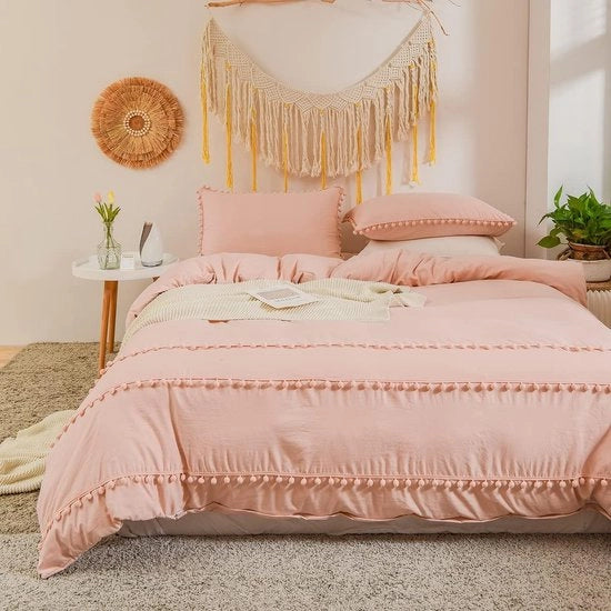Set da letto 3 pezzi, 220 x 240 cm, 3-delig, rosa chiaro, pompon, boho, chic, set da letto, tessuto microfibra lavabile, set da letto completo, coperta morbida con chiusura a zip e 2 cuscini con coperture 80 x 80 cm