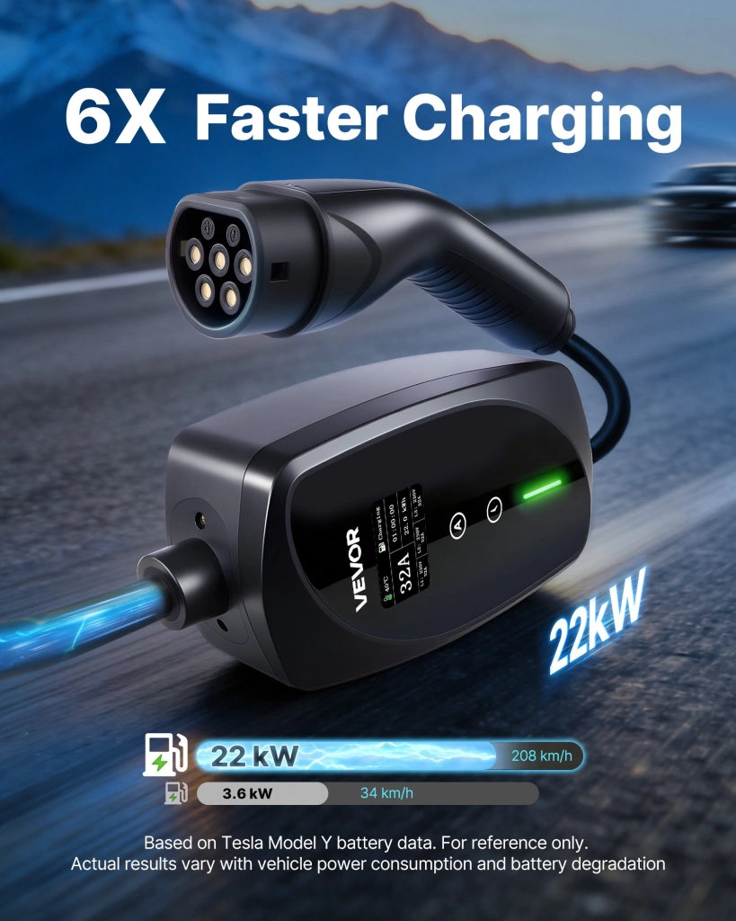 Caricabatterie Portatile per Auto Elettriche Tipo 2 22 kW 32A Trifase con Cavo 7 m Spina CEE32 Schermo LCD