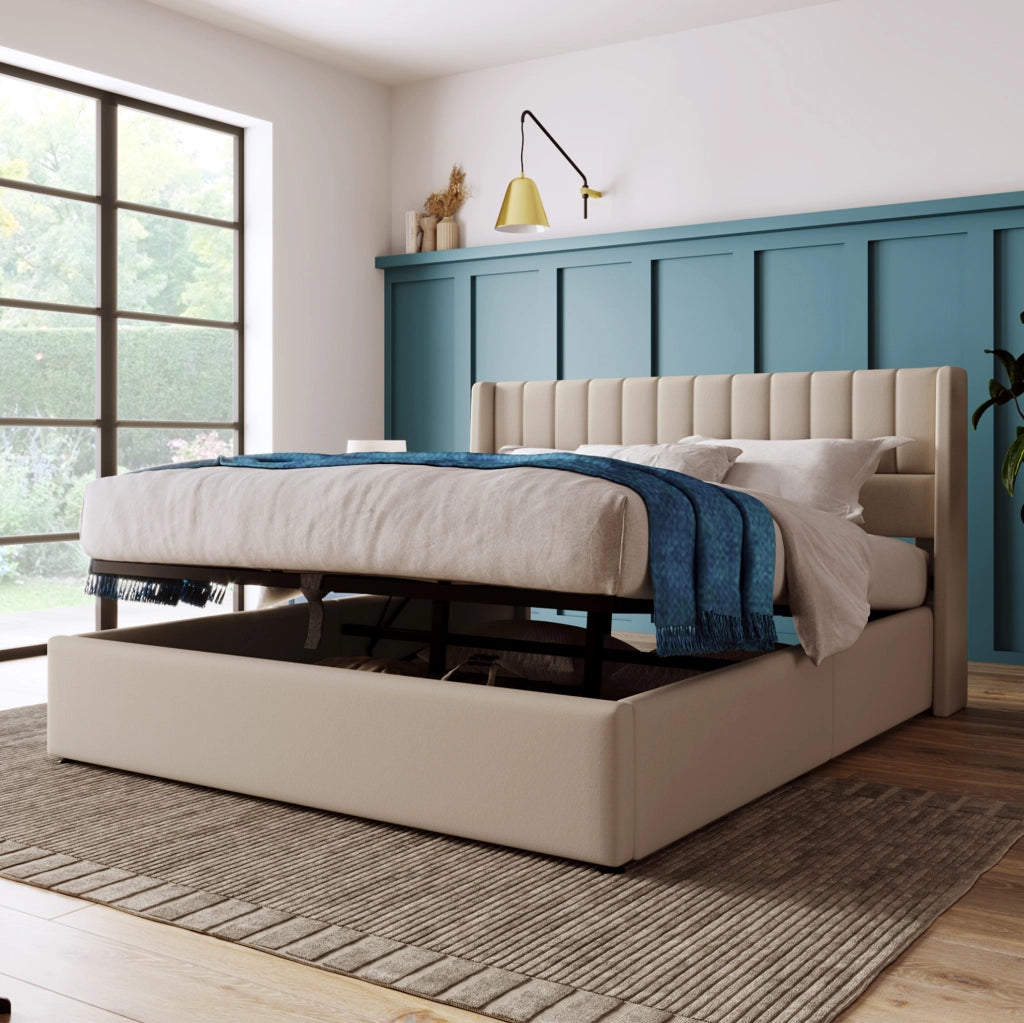Letto matrimoniale contenitore con alzata idraulica 140x200 cm in lino beige