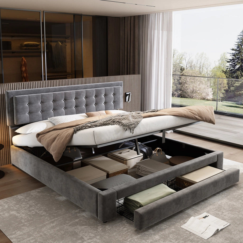 Letto 160 x 200 cm in velluto grigio con vano contenitore