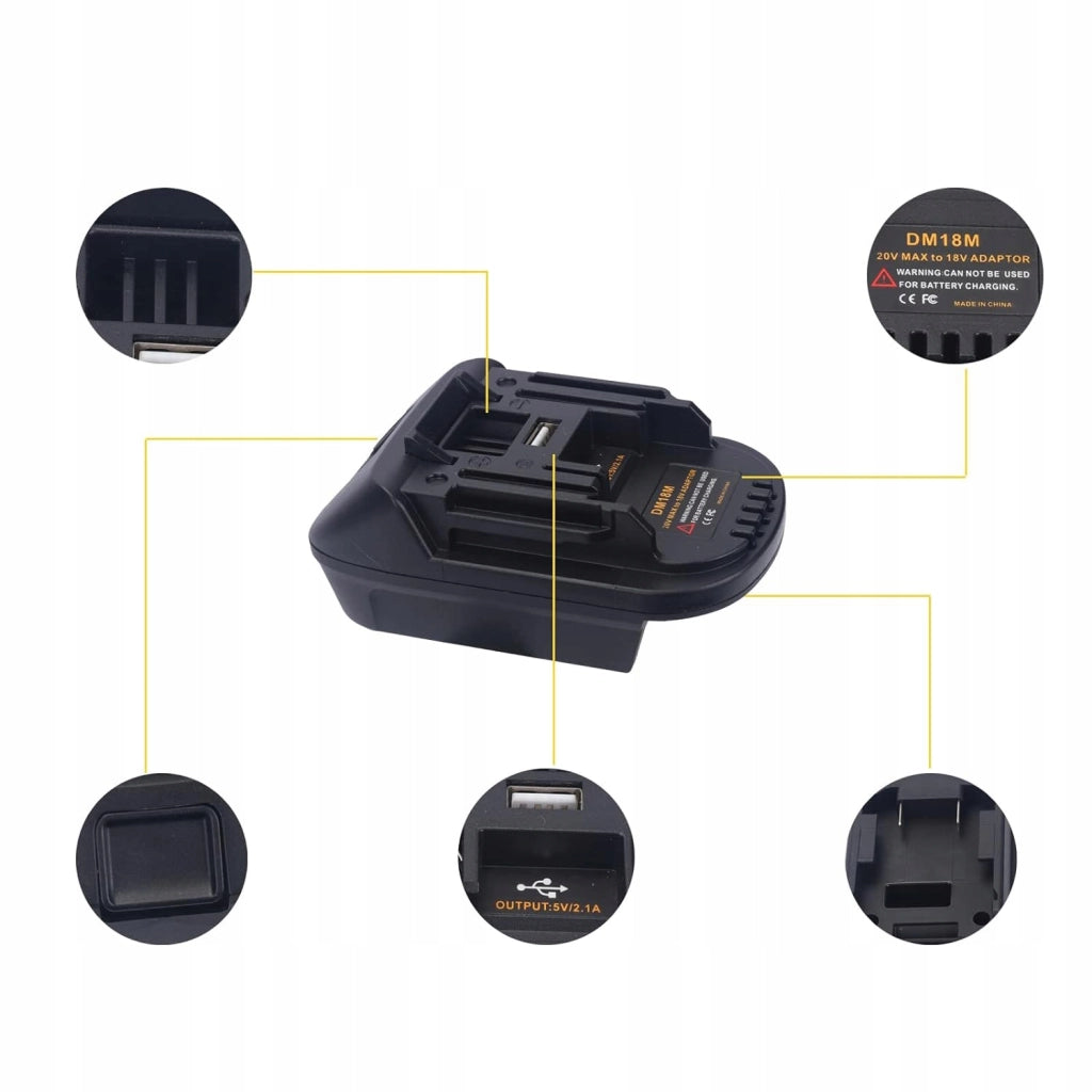 Adattatore Batteria compatibile con Utensili Makita 18V – Per Batterie Dewalt 20V e Milwaukee 18V | Porta USB 5V 2.1A