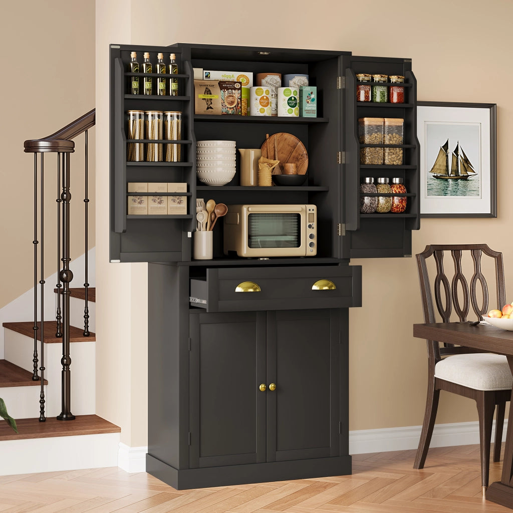 Mobile Dispensa 80x40x182 cm Nero con 4 Ante; 1 Cassetto; 4 Ripiani Regolabili e Portaoggetti